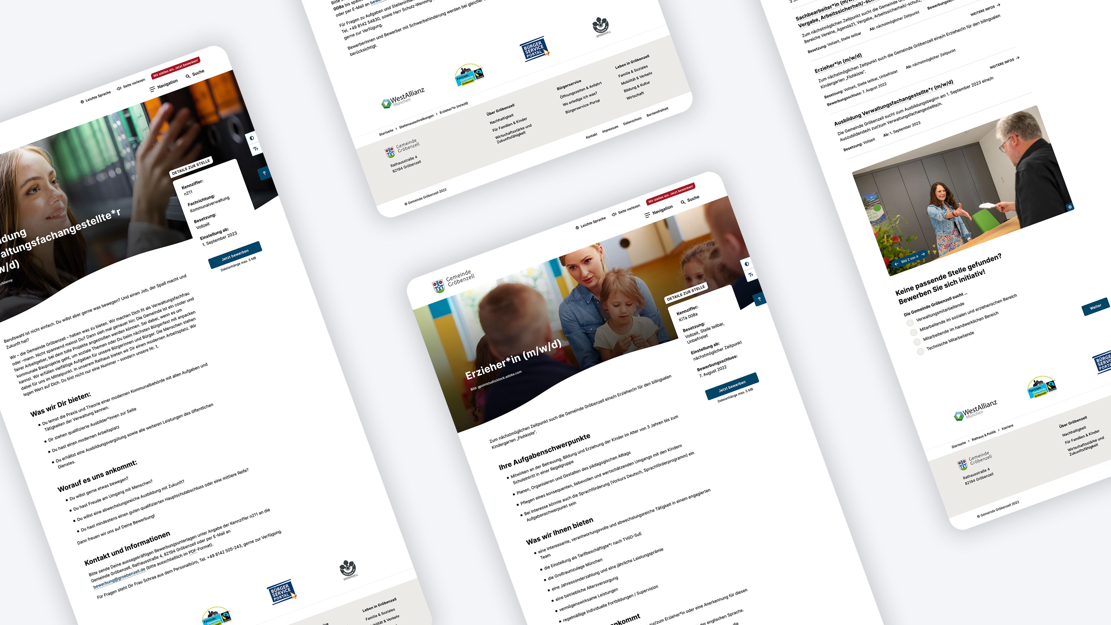 Karriere und Stellenanzeigen auf der Website der Gemeinde Gröbenzell Mehrere Screenshots der Karriere-Seite und von Stellenanzeigen auf der Website der Gemeinde Gröbenzell