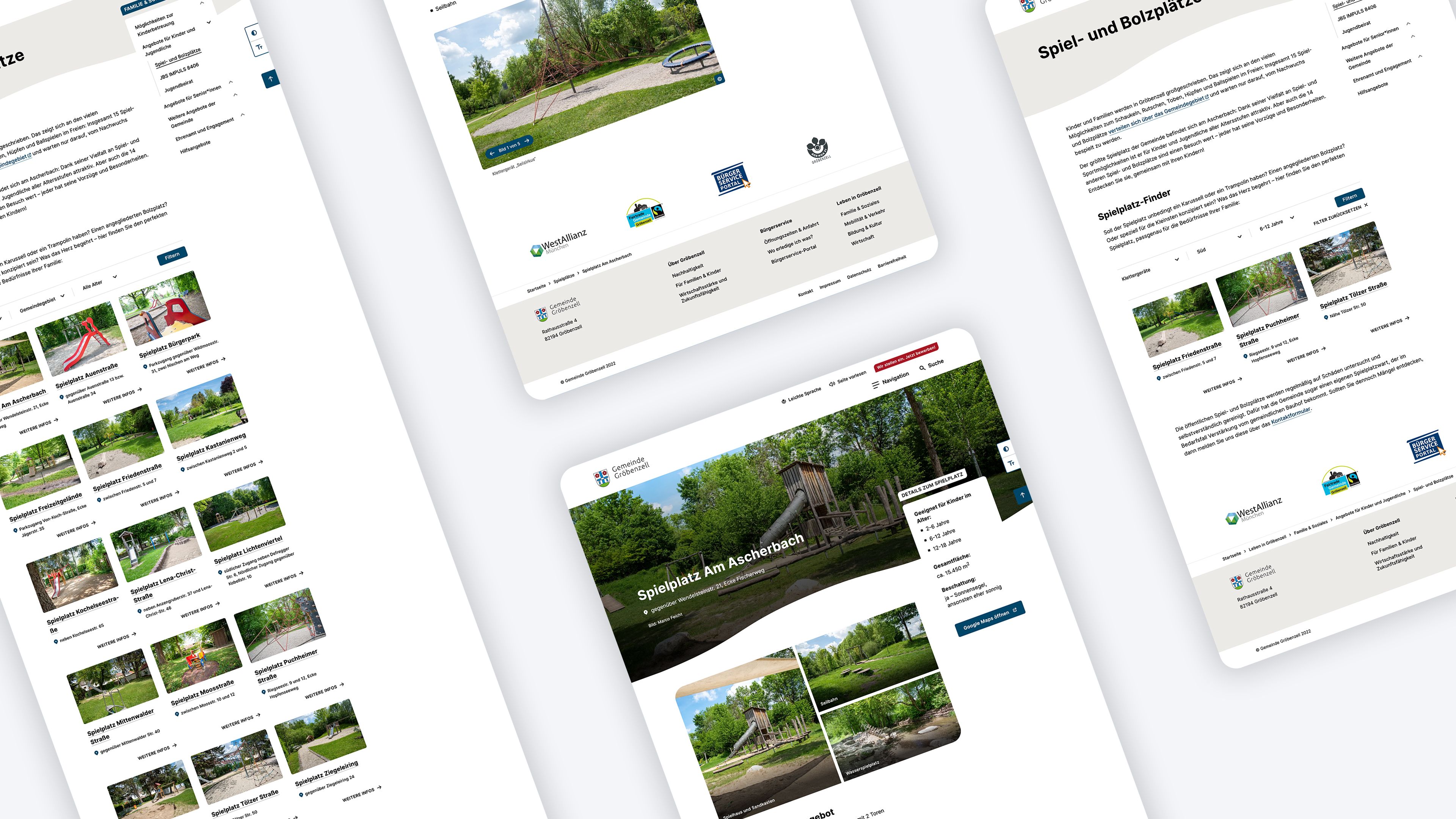 Spielplatz-Finder auf der Website der Gemeinde Gröbenzell Screenshots des Spielplatz-Finders und der Detailseiten zu jedem Spielplatz