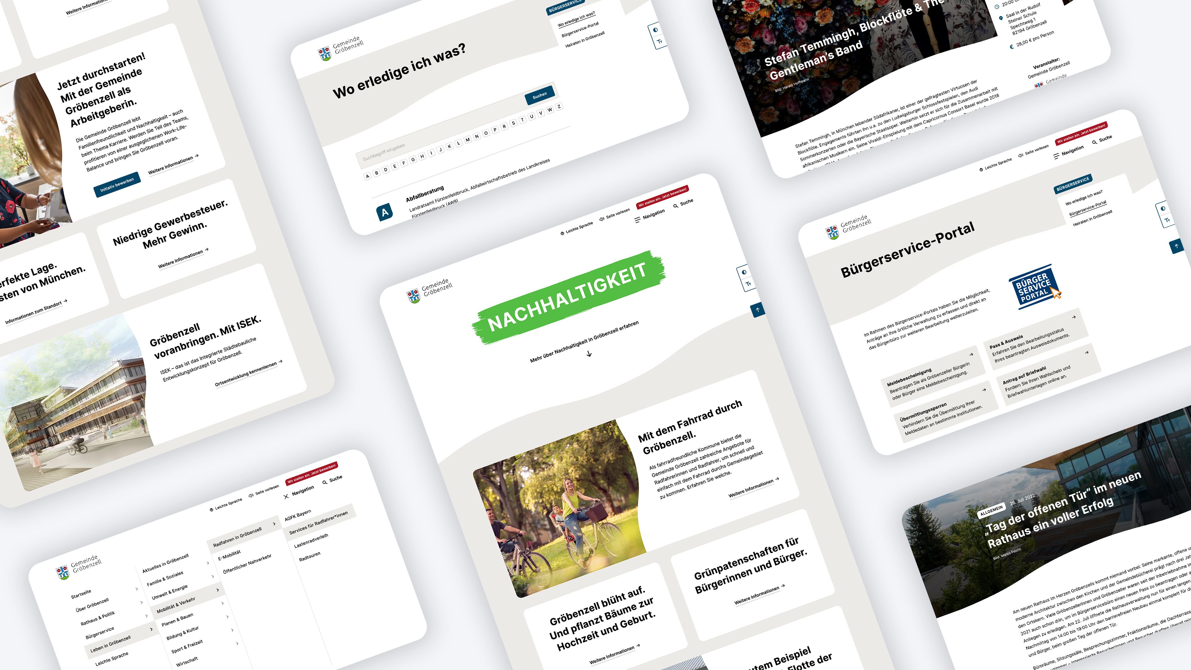 Webdesign der Gemeinde Gröbenzell Screenshots verschiedener Seiten der Website der Gemeinde Gröbenzell