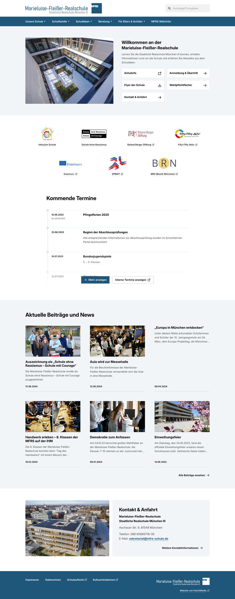 Startseite der Website der Marieluise-Fleißer-Realschule am Desktop