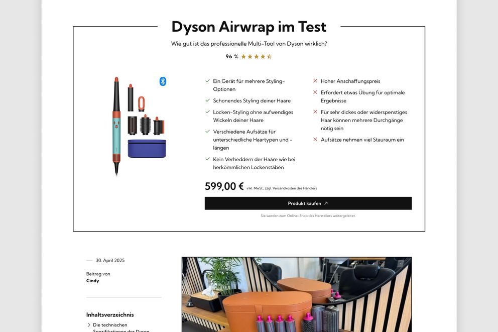 Layout für Testbericht auf der Kramer Hair Friseur Website